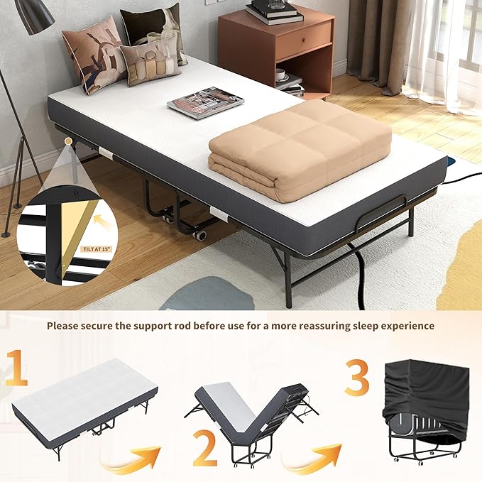 AQY Folding Bed with Mattress for Adults,75" x 38" Portable Rollaway Bed Guest on Wheels with Memory Mattress and Heavy Duty Sturdy Metal Frame,Foldable Bed for Adults and Guest, Twin Size,Cot Size