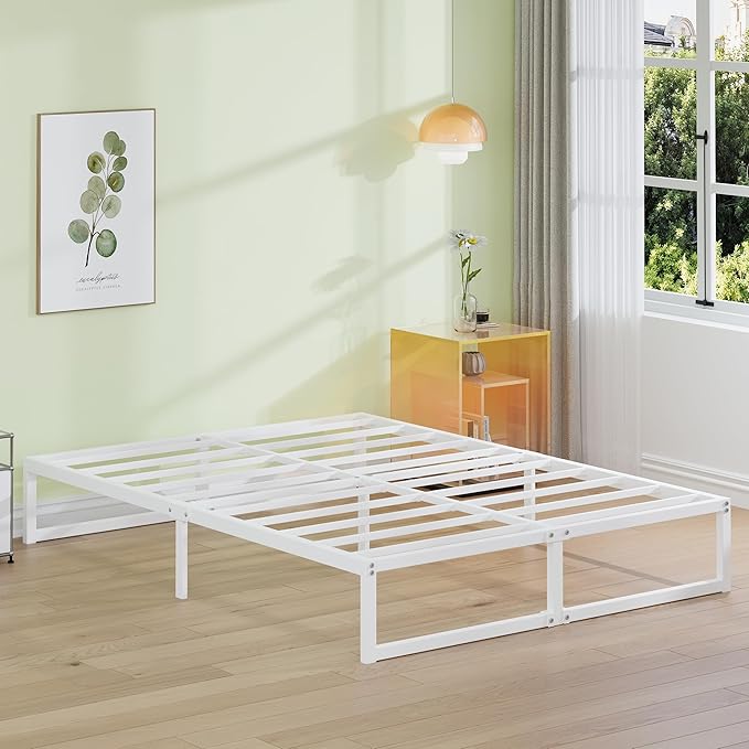 EMODA 12 Inch California King Bed Frame, Metal Platform Bed Frame No Box Spring Needed, Heavy Duty Steel Slats Support, Easy Assembly, Noise Free, White