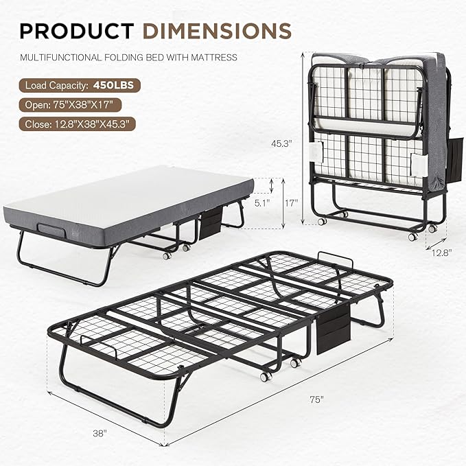 MELLCOM 75"x 38" Folding Bed with Mattress, Twin Size Portable Rollaway Guest Bed for Adults with 5 Inch Foam Mattress,Space-Saving Foldable Beds with Metal Frame&Bed Side Pocket