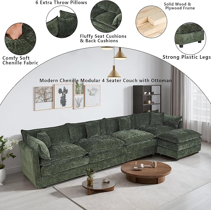 Setawix Deep 4 Seater Couch with Ottoman,147.22" L-Shaped Cloud Couches for Living Room,Chenille Cloud Sofa Couch with Deep Seat,Modular Sectional L Shape 4 Seat Sofa for Bedroom (Green, 4+1)
