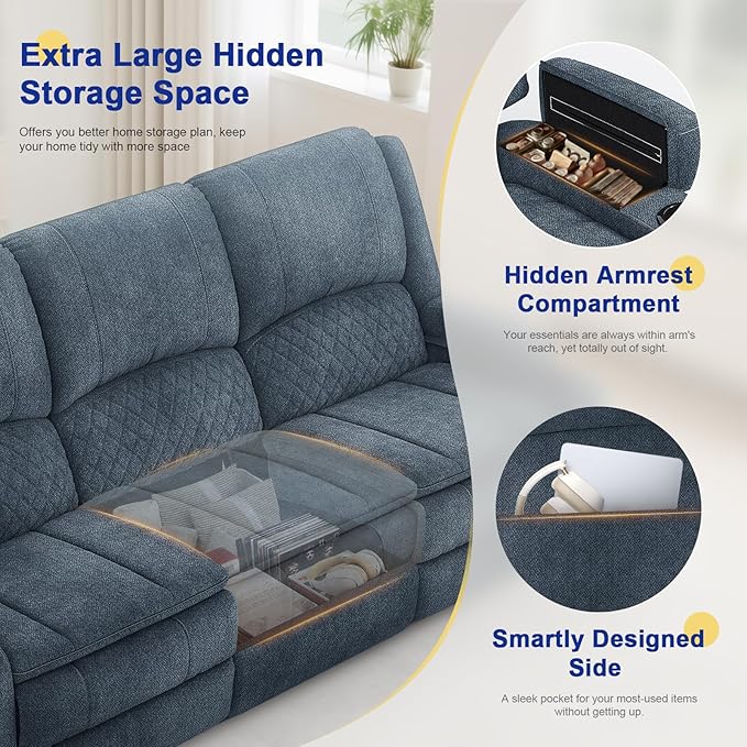 Recliner Sofa 3 Seater Sofa with Recliner, Home Theater Seating with Liftable Console & Removable Armrest, Manual PU Leather Reclining Couch with Cup Holders & USB for Living Room/RV (Fabric,Blue)