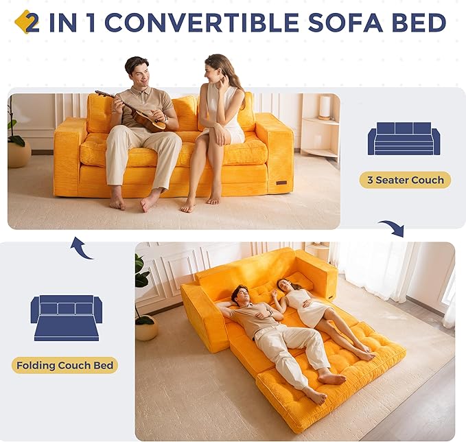 MAXYOYO Convertible Sofa Bed, Pull Out 3 Seater Sleeper Sofa, 2 in 1 Folding Couch Bed, Fold Out Floor Couch with Pillows for Living Room Bedroom, Orange