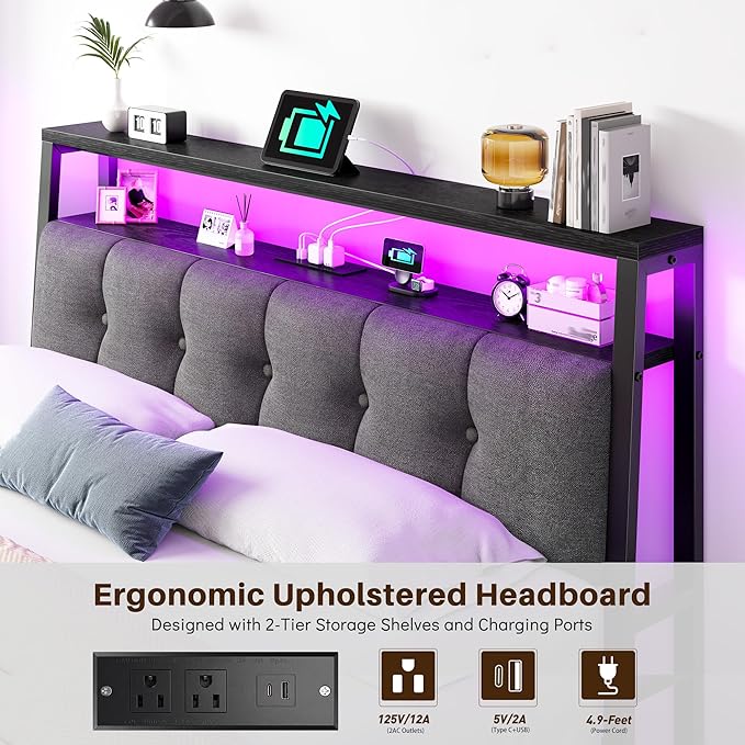 Homkdom Full Size Bed Frame Smart RGB LED Lights, Grey Upholstered Headboard with Charging Station Type C&2-Tier Storage Shelves,12" Under-Bed Storage, Noise-Free,Easy Assembly,Black