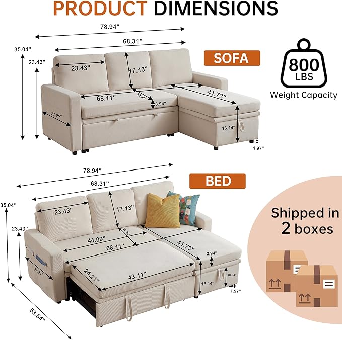 2-in-1 Convertible Sofa with Pull Out Bed, 76" L Shaped Comfy Sectional Couch 3-Seater Sleeper Sofa with Reversible Storage Chaise for Living Room, Beige
