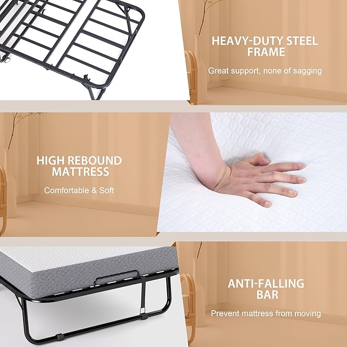 Decofy Folding Bed with Memory Foam Mattress, Portable Rollaway Guest Beds on Wheels, 75"x38" Twin Size Space-Saving Cot-Size Bed for Adults with Easy Assembly Metal Frame (White)