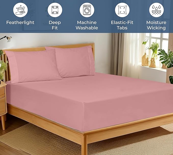 Royale Linens 100% Organic Cotton Fitted Sheet - Percale Weave - Super Soft Deep Pocket Bottom Sheets - White Elastic Sheet King Size - King Fitted Sheets Only - (78"x80"+15", Pink)