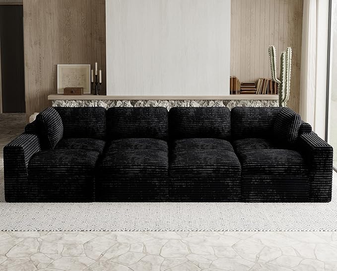 Boneless Modular Sectional Sleeper Sofa Bed Plush Corduroy Cloud Sectional Couches for Living Room with Deep Seat. Black Couch.