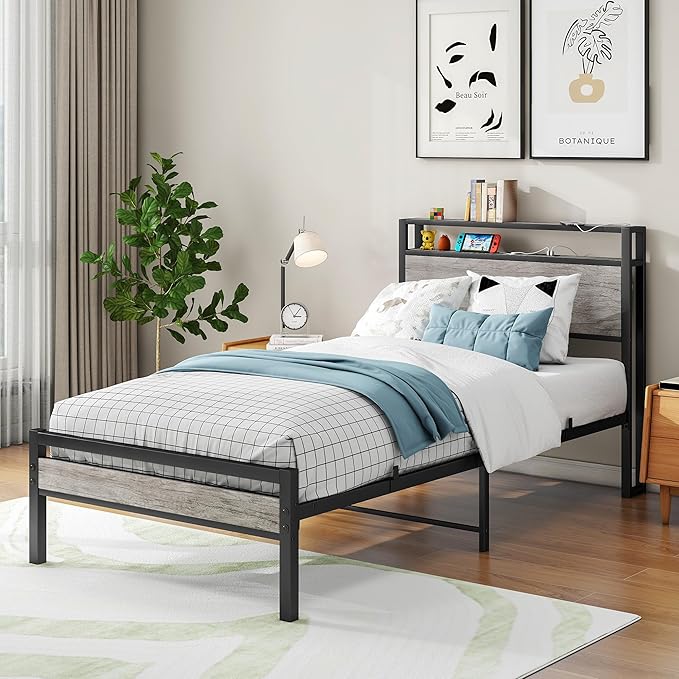 BOFENG Twin Bed Frame with Wood Storage Headboard/USB Charging Station,Heavy Duty Metal Single Platform Bed Frames No Box Spring Needed,Heavy Duty Metal Slats,Noise Free,Greige