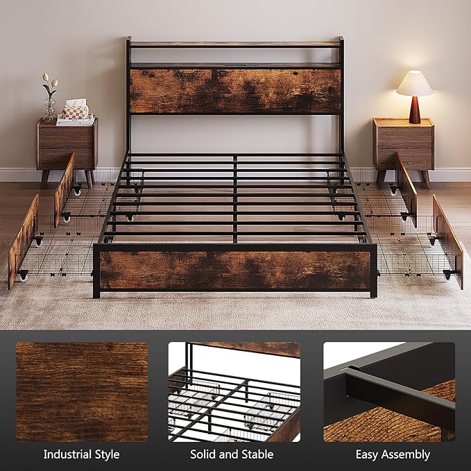 VINGLI King Bed Frame with 4 Storage Drawers and Adjustable Headboard Shelf, Metal Platform Captain Bed with Charging Station and RGB LED Lights, No Box Spring Needed, Noise Free, Wash Vintage Brown