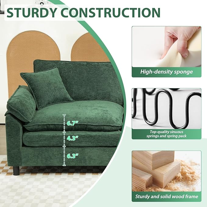 Oversized Modular Sectional Sofa, 80 Inch L Shaped Cloud Couch Set, 2-Seat Comfy Convertible Sofa with 1 Movable Ottoman, DIY Combination Sleeper Couch for Living Room(Chenille, Green)
