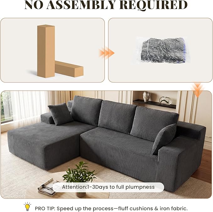 Cloud Sectional Boneless Couches for Living Room, Modular L Shaped Couch with Deep Seat Oversized Left Facing Chaise, Memory Foam Compressed Spineless 3 Seater Sofa for Apartment, Grey | No Assembly Required, Deep Seat, Cat-Claw Resistant, Flexible Mod...