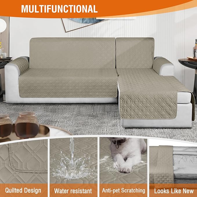 VANSOFY Sectional Couch Covers 100% Waterproof L Shaped Sofa Slipcover 3pcs Reversible Chaise Lounge Cover for Sectional Sofa Furniture Protector Cover for Pets Cat Dog(Small, Khaki)