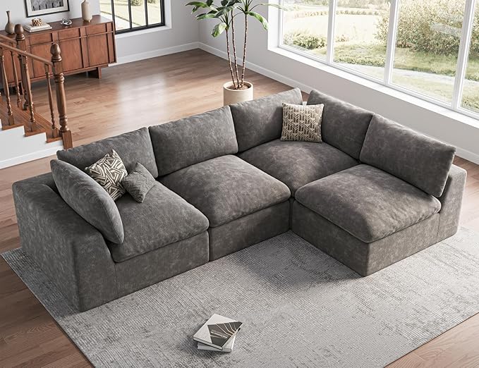 120" Cloud Sectional Couch | Oversize Boneless Couches for Living Room | 4 Seater Modern L-Shape Sofa | Drak Grey