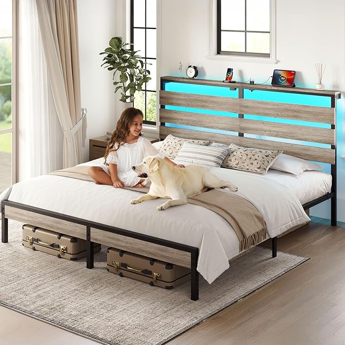 Rolanstar King Size Bed Frame with LED Lights and Charging Station, Wood Storage Headboard and Under Bed Storage, Metal Platform, Noise Free, No Box Spring Needed, Balck Oak