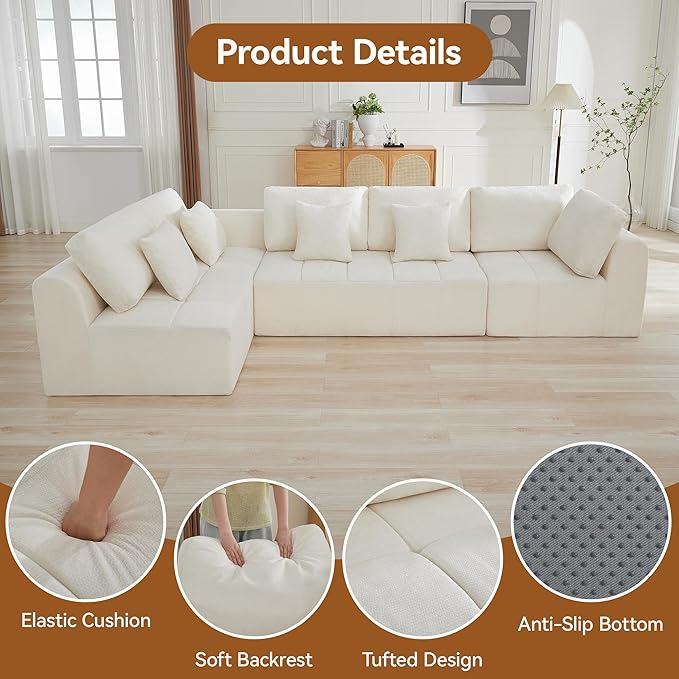 140''Cloud Boneless Couches for Living Room, Modular Sectional Compressed Sectional Sofa, Oversized L Shaped 5 Seater Upholstered Memory Foam Sofa, No Assembly, Chenille Beige