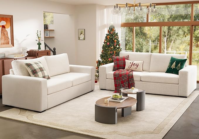 ELUCHANG 85" Modern Sofa Couches for Living Room, 3 Seater Sofa, Natural Linen Deep Seat Sofa with Upholstered Cushion&Detachable Cover, Comfy Sofa Couch for Small Space, Apartment (Beige,2PCS)