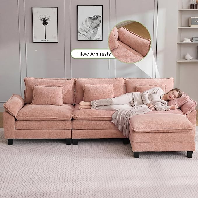 120" Modular Sectional Sofa, Comfy Cloud Couch Sectional Sofa with Ottoman, Chenille Sofa Sleeper Deep Seat Sofa with Throw Pillows for Living Room (Pink, 120"- L Shape)