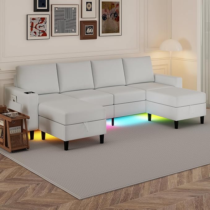 U Shaped Sectional Couches for Living Room, 109" Linen Cloud Couch with Chaise Lounge/Storage Ottoman, 4 Seat Sectional Sofa with Smart Module-Wireless Charging/USB/Type-C/RGB Lights (White)