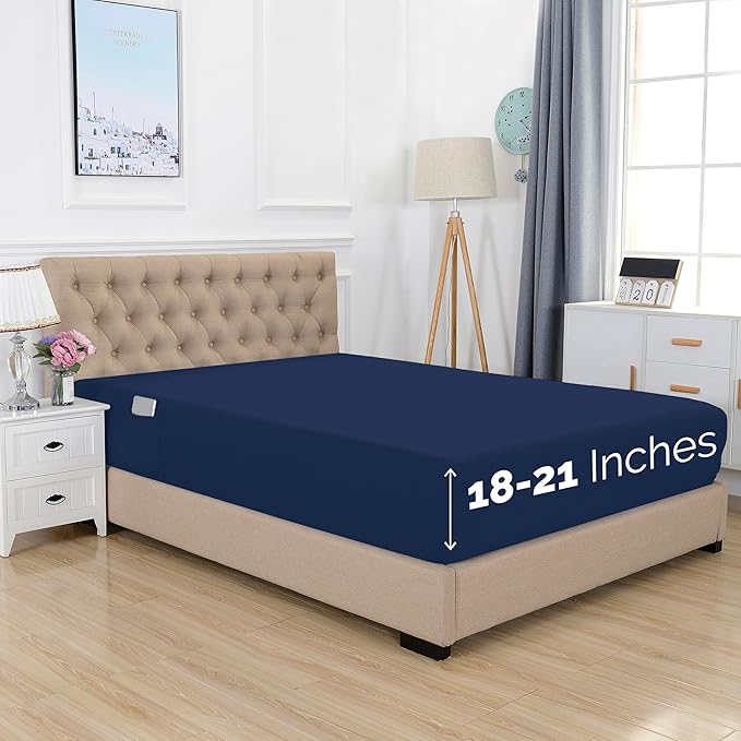 Elegant Comfort 1500 Premium Hotel Quality 18-21 Inches Deep - Extra Deep Pocket Single Fitted Sheet for High Mattress, Luxury and Softest, Smart Pocket - Wrinkle Free, Full, Navy Blue
