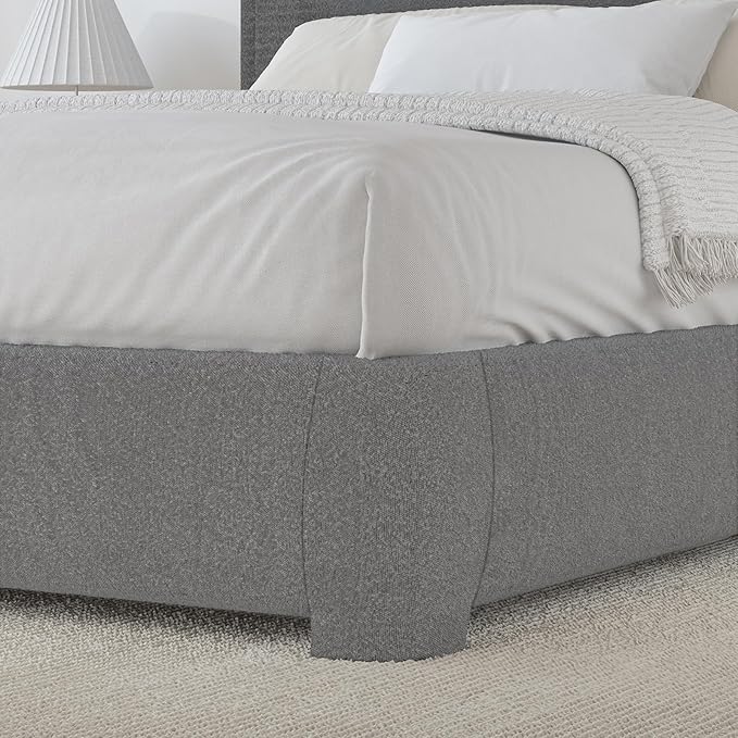 BarnFurin Full Size Bed Frame with Headboard, Boucle Upholstered Platform Bed Frame, Soft Rounded Corners, No Box Spring Required, Non-Slip and Noise-Free, Easy Assembly, Light Grey