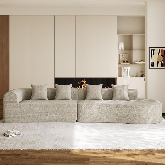147" Oversized Sectional Sofa for Living Room, Large Modern Chenille Curved Cloud Couch, Luxury Plush 6-Seater Extra Deep Seat Boucle Boneless Couch, No Assembly Required, Light Brown