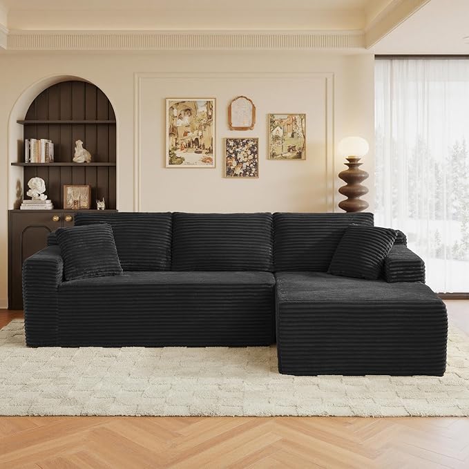 96" Sectional Couches for Living Room Cloud Couch Sofa with L-Shape Upholstered Boneless Couchs Modern Modular Sectional Couch with Chaise (Black, 95" W+Right Facing Chaise+2Seaters)