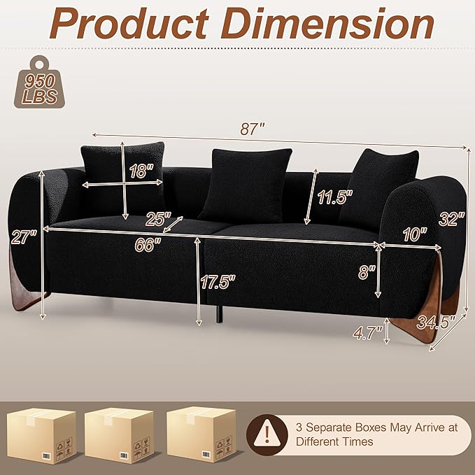 87" Sherpa Boucle Cloud Couch Modern 3 Seater Sofa with Solid Wood Legs, 25" Extra Deep Seat, Comfy Thick Cushion Upholstered Sofa Couches with 3 Pillows for Living Room, Black