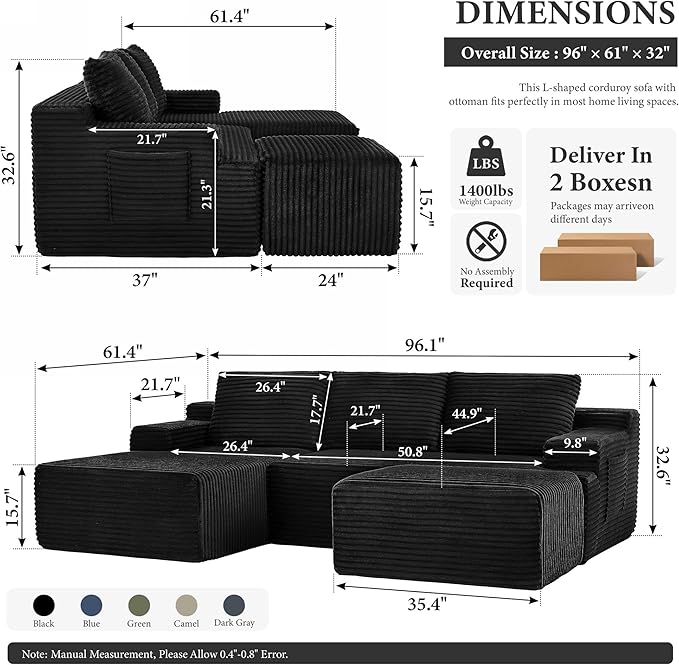 96" Sectional Couches for Living Room Cloud Couch Sofa with L-Shape Upholstered Boneless Couchs Modern Modular Sectional Couch with Chaise (Black, 96" W+Left Facing Chaise+2Seaters+Ottoman)