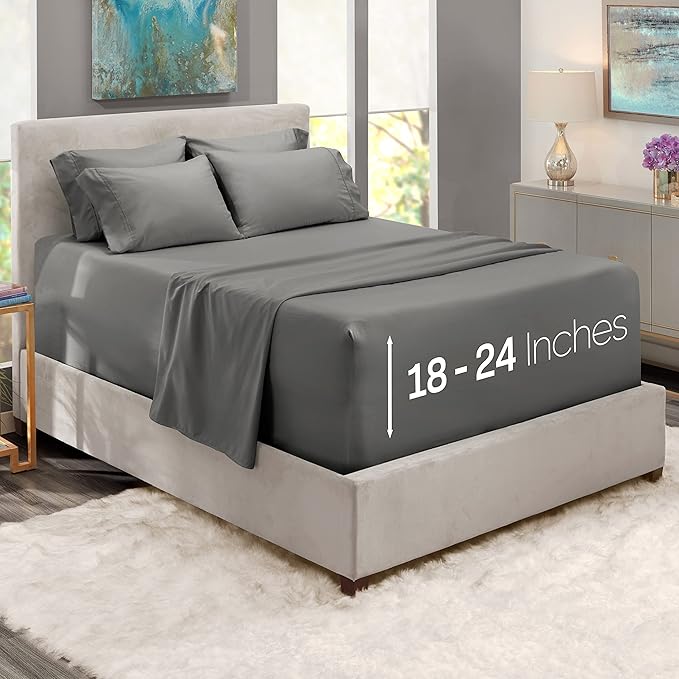 Hearth & Harbor Extra Deep Pocket Sheets - Fits Mattress 18-24 Inches Deep - Extra Deep Pocket Full Size Sets - 6 Piece Full Size - Full - Gray