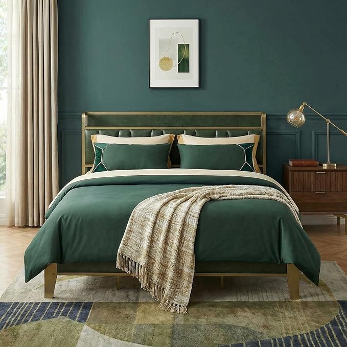 LIKIMIO California King Bed Frame, Storage Headboard with Charging Station, Solid and Stable, Noise Free, No Box Spring Needed, Easy Assembly (Dark Green)