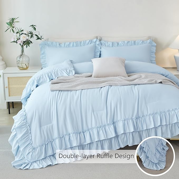 ANGIYUIN Light Blue Ruffled Comforter Set Twin 5Pcs Double-Layer Ruffle Girls Bed in A Bag Soft Lightweight Farmhouse Bed Sets Shabby Fluffy Comforter with Sheets for Kids Girls(Light Blue Twin)