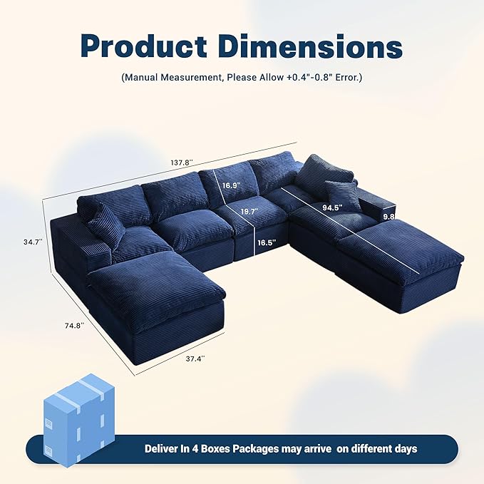 137.8” Sectional Couches for Living Room, Set of Cloud Couch, Modular Sectional Sofa, Convertible Sofas Bed, Deep Seat Sofa, Sleeper Sofa Full Size, Corduroy, Blue