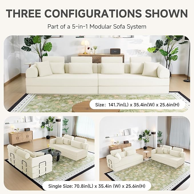 106" L-Shaped Boneless Sectional Couch, 2-Piece 70.87" Modules, Converts to 141.7" Extra-Long Straight Sofa, Corduroy Couch in a Box with Headrest & Back Pillows for Living Room, White