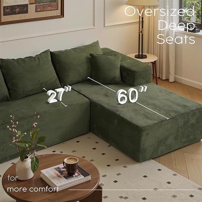 Green 103” Cloud Couch Sectional Sofa in Box with L-Shape Chaise,Modern Modular Couches Upholstered with Deep Seat for Living Room,No Assembly Required