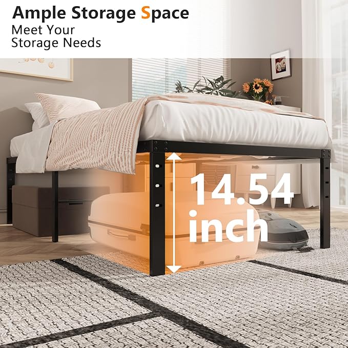 VINGLI 16 Inch Twin Bed Frame, Heavy Duty Metal Platform, No Box Spring Needed, Sturdy Steel Slat Support, Easy Assembly, Noise-Free, 14.4 Inch Underbed Storage,Black