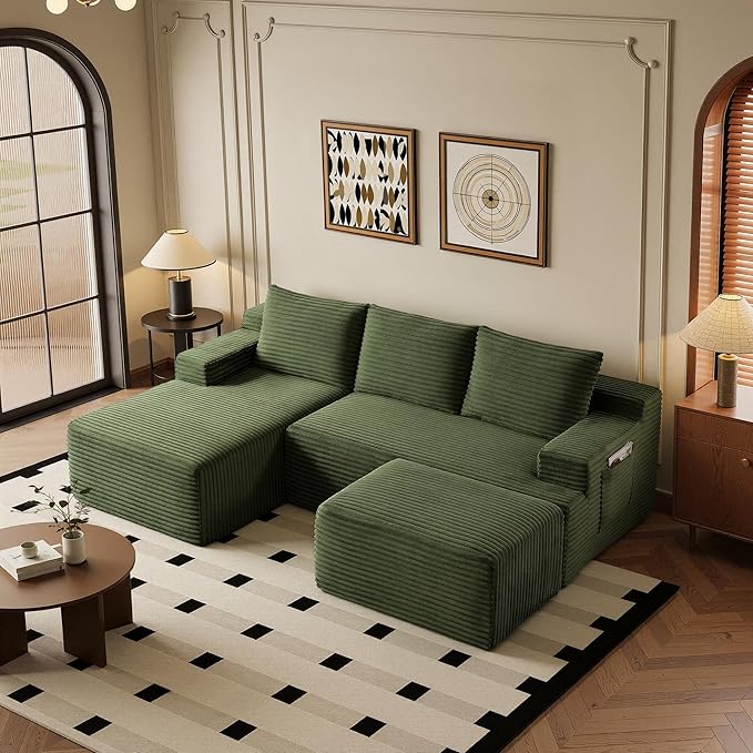 96" Sectional Couches for Living Room Cloud Couch Sofa with L-Shape Upholstered Boneless Couchs Modern Modular Sectional Couch with Chaise (Green, 96" W+Left Facing Chaise+2Seaters+Ottoman)