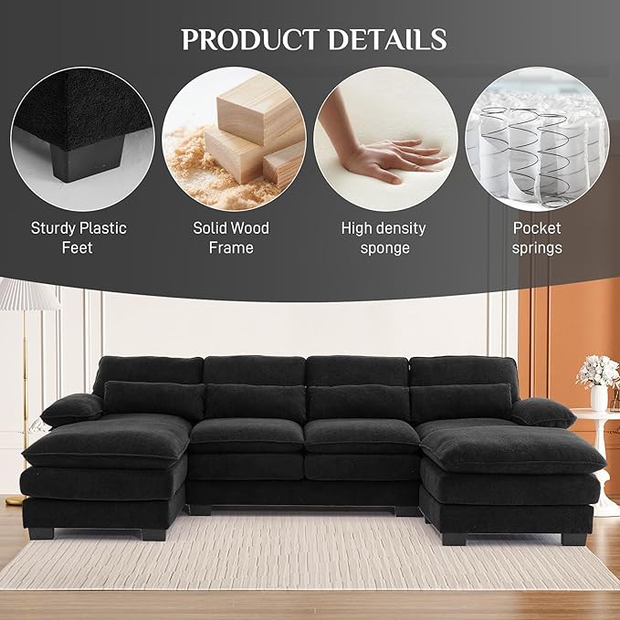 113" Cloud Couch Sectional Modular Sofa U Shaped Sectional Couches for Living Room Comfy 5-Seater Deep Seat Couch Chenille Cloud Sectional Sofa with Movable Ottoman & 4 Pillows, Black