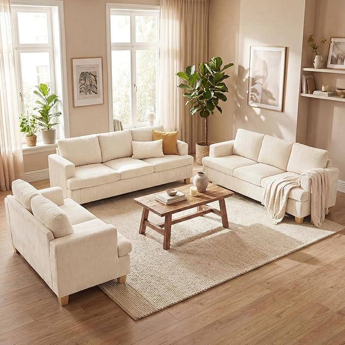 YOUDENOVA 3 Pieces Corduroy Couch Set for Living Room, 3 Seater*2 & Loveseat Cloud Sofa, Deep Seat Floor Couch for Bedroom, Futon Modern Sofa Bed, White Corduroy