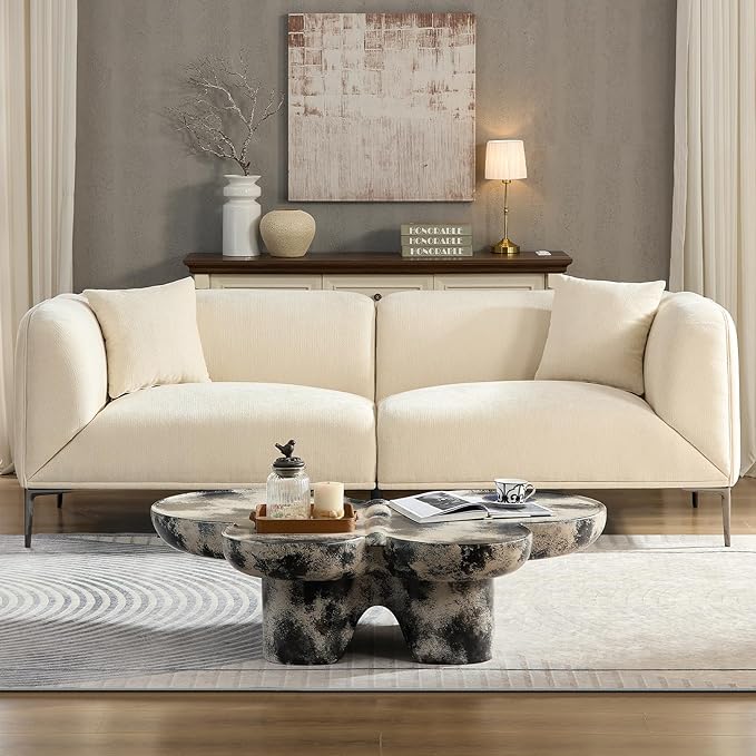 MEETAKING 82.68" Modern Sofa, 3-Seater Deep Seats Tuxedo Couch, Boucle Sofas with 2 Pillows, Minimalist Couches Straight with Metal Legs, High Armrests for Living Room,Bedroom,Home Office (Beige)