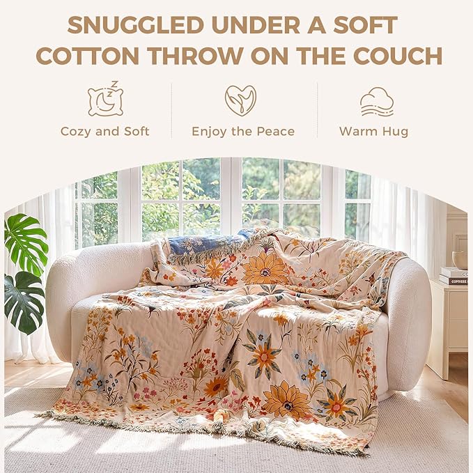 LUTBM Boho Throw Blanket for Couch Sofa Chair Cotton Spring Breathable Blankets for Bedroom Living Room All Season Soft Lightweight Reversible Floral Embroidery Throws Home Decor 50"x60"