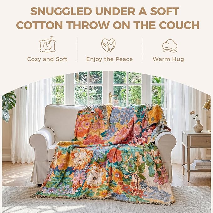 LUTBM Boho Throw Blanket for Couch Sofa Chair Cotton Spring Blankets for Bedroom Living Room All Season Soft Lightweight Reversible Floral Embroidery Breathable Decorative Throws 50"x60"