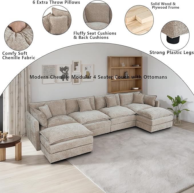 Setawix Deep 4 Seater Couch with Ottomans,147.22" U-Shaped Cloud Couches for Living Room,Chenille Cloud Sofa Couch with Foorest,Modular Sectional U Shape 4 Seat Sofa for Bedroom (Coffee, 4+2)