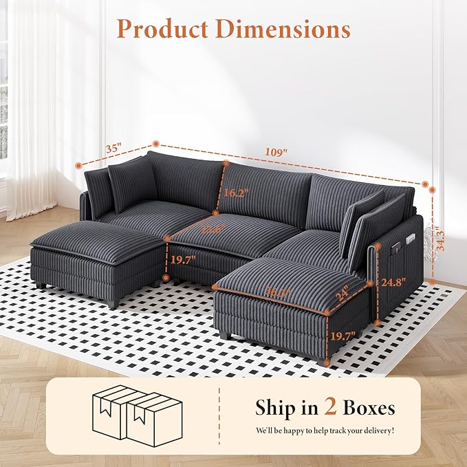 Vesgantti 109" U Shaped Cloud Sectional Sofa, Comfy Corduroy Upholstered Sectional Modular Sofas for Living Room, Modern Modular Couch with 2 Ottoman Deep Seat, Charcoal Grey