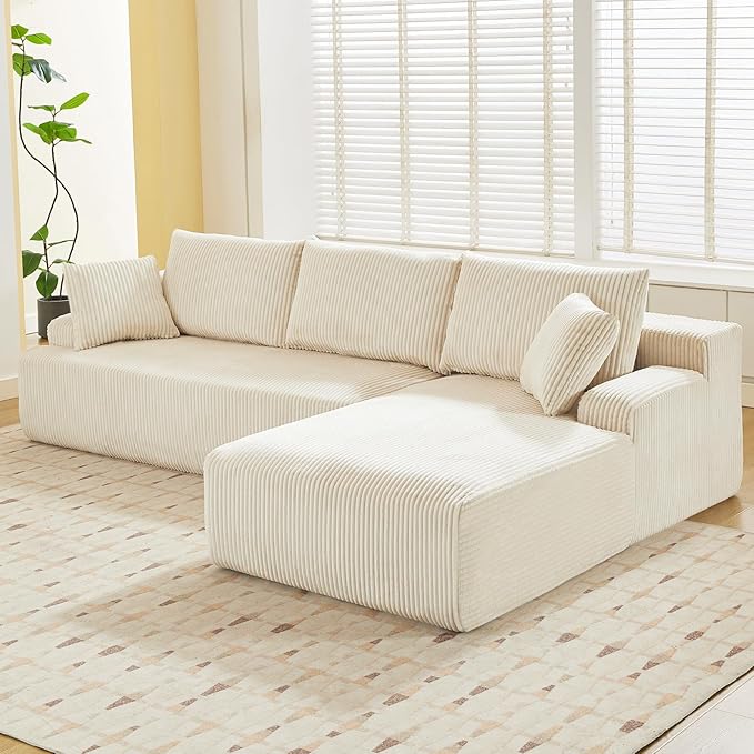Sectional Cloud Boneless Couch 106" Modern Comfy L-Shape Corner No Assembly Required Convertible Compression Sleeper Modular Sofa with Corduroy Fabric Deep Seat Loveseat + Chaise for Living Room