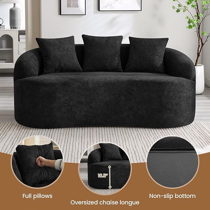 65" Boneless Loveseat Sofa Couch, Modern Comfy Curved Cloud Sofa, Chenille Deep Seat Love Seat Couches for Living Room, No Assembly, Black