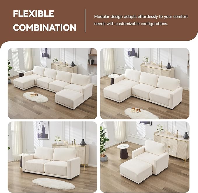 110.6" L Shaped Modular Sectional Sofa Modern Chenille Comfy Couch with Thickened Seat Cushions, Easy Assembly, Upholstered 4 Seater Couch with Movable Ottoman for Living Room, White