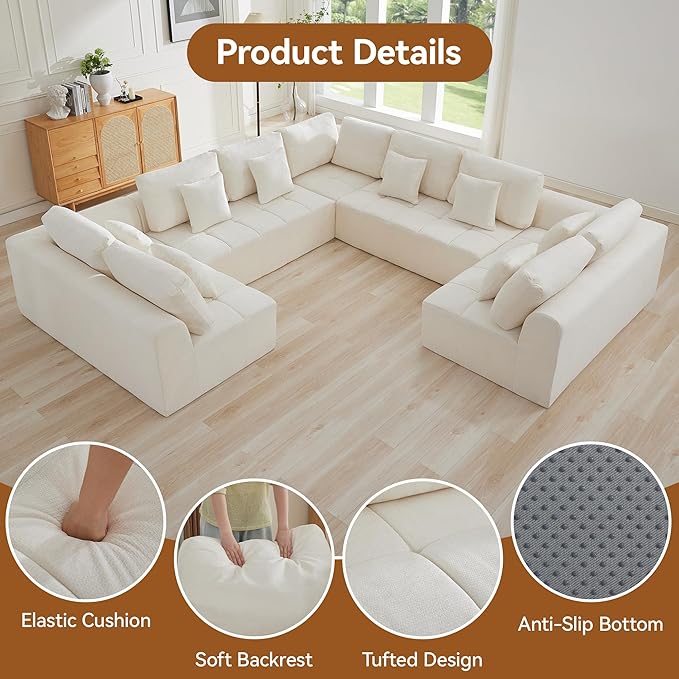 140''Modular Sectional Couches for Living Room, Cloud Boneless Compressed Sectional Sofa, Oversized U Shaped 9 Seater Upholstered Memory Foam Sofa, No Assembly, Chenille Beige