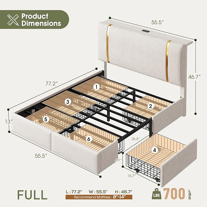 Homkdom Full Size Bed Frame with Adjustable Headboard Soft Upholstered Bed Frame Full with 6 Storage Drawers, LED Light & Charging Station,Noise Free,No Box Spring Needed,Modern,Beige