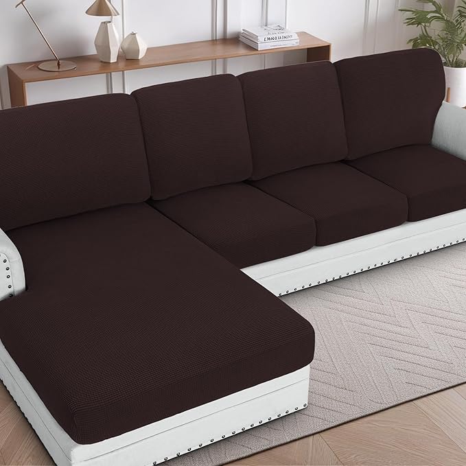 H.VERSAILTEX Sectional Couch Covers 4 Pieces Sofa Seat Cushion Covers L Shape Separate Cushion Couch Chaise Cover for Both Left/Right Sectional Couch (Seat Only: 1 Chaise + 3 Sofa, Chocolate)