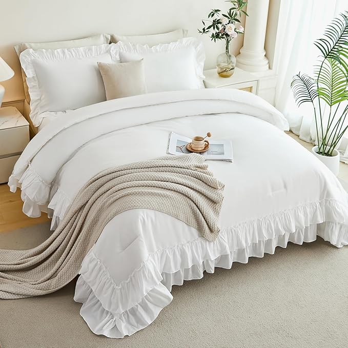 ANGIYUIN White Full Ruffle Comforter Set 5Pcs Double-Layer Ruffled Bed in A Bag with Sheets Lightweight Farmhouse Bedding Sets Solid Fluffy Shabby Chic Bed Sets for Girls Teens Women(White Full)